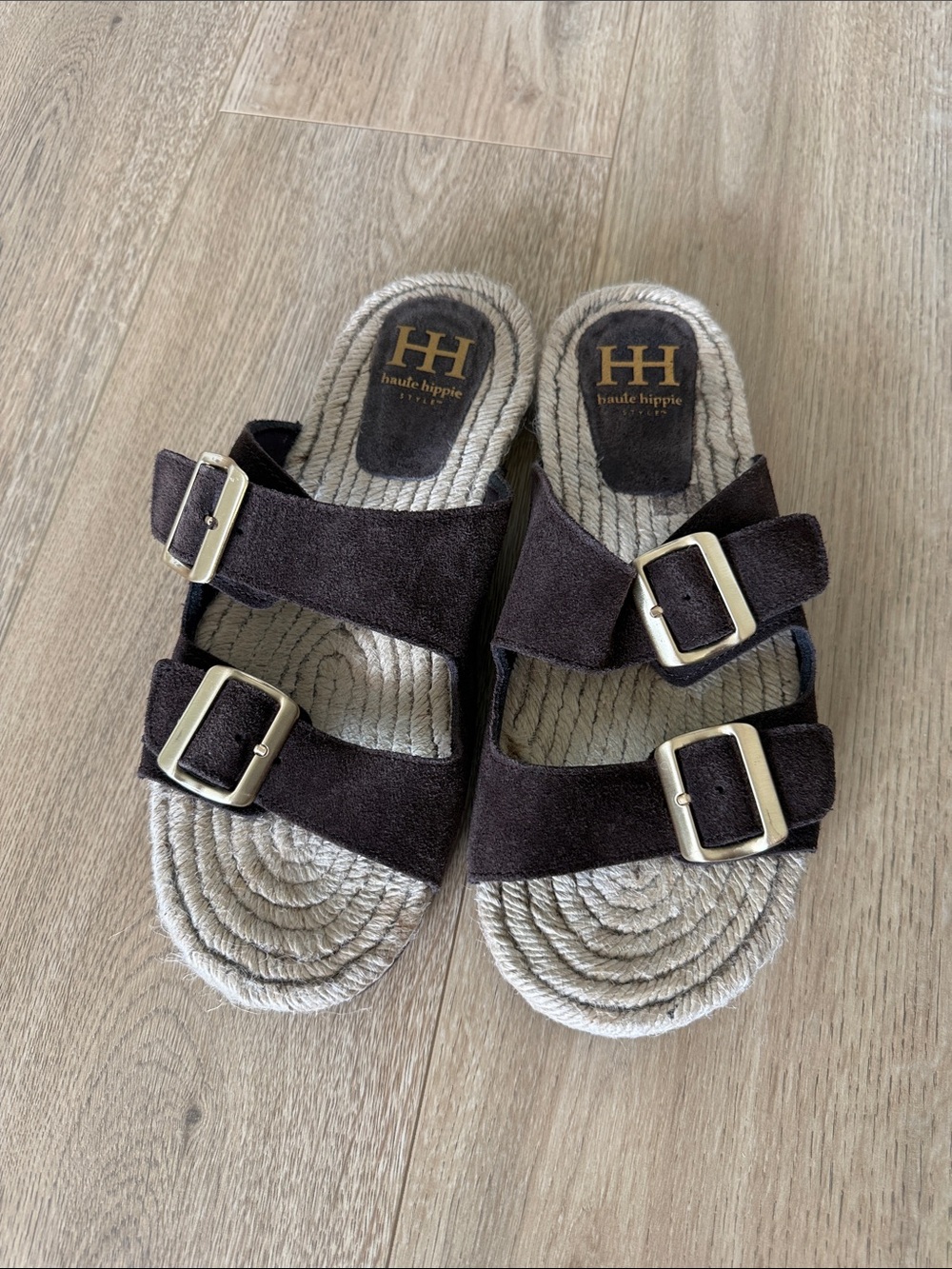 Haute Hippie Dark Brown Suede Double-Buckle Slide Sandals